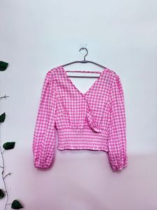 Pink Gingham V-Neck Crop Top