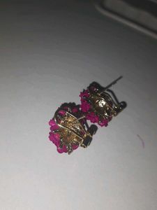 Dark Pink Roses Studs With Golden Stones Work