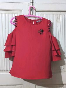 Red Cold Shoulder Ruffle Sleeve Top