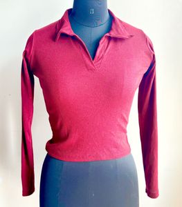 Maroon Ribbed Long Sleeve Stretchable Top