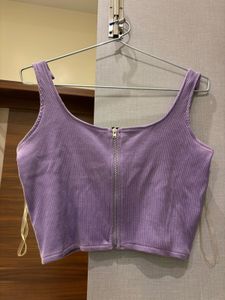 Purple Ribbed Zip-Up Crop Top