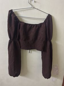 h&amp;m Brown Long Sleeve Crop Top