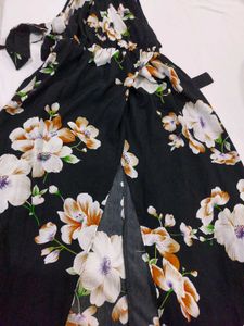 SHEIN Black Floral Slit Dress With Halter Neck