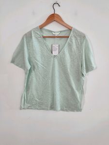 H&M Mint Green Plain Casual Top (Women)