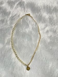 Pearl &amp; Gold Coin Asymmetrical Necklace