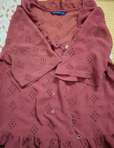 Rust Brown Schiffli Embroidery Sheer Top