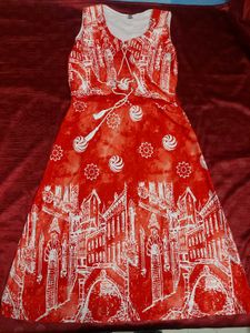 Red &amp; White Print Midi Dress