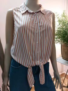 Thrifted Striped Tie-Front Sleeveless Blouse