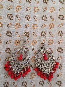 Boho Red Beaded Silver Drop Earrings