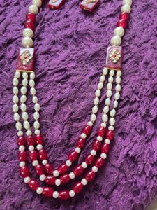 Red &amp; Pearl Beaded Necklace &amp; Earrings Set