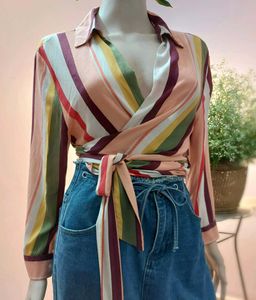 Thrifted Striped Wrap Top