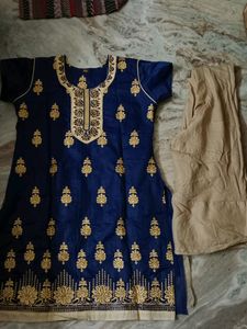 Golden Stone Work Blue A Line Kurti.