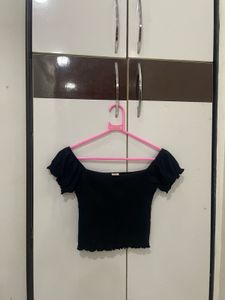 Black Off-shoulder Smocked Top &amp; Pink Bag Combo