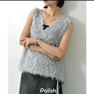 New With Tag Korean Fuzzy Grey Sleeveless Top