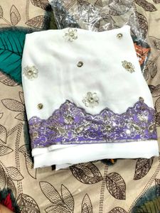 Elegant White &amp; Lilac Embroidered Saree