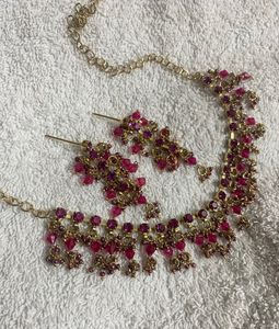 Gold Plated Party Wear Pink Necklace Set For Women