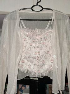 Sheer White Cardigan+Corset Top +Floral Blouse