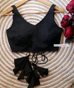 Black Cotton Backless V Neck Blouse