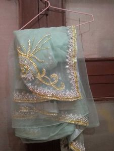 Aqua Net Saree with Silver and Gold Crystal Embell