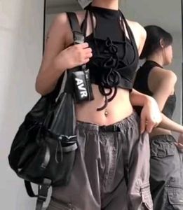 Newme Kpop Black Front Tie Up Cutout Crop Top