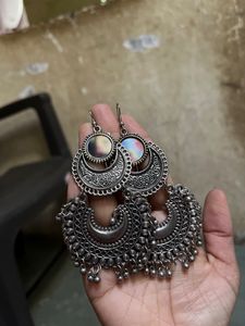 Pink Hoop Earrings And Oxidised Mirror Earrings