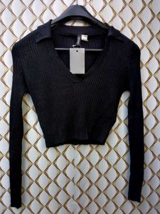 Black Ribbed Polo Crop Top