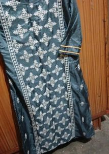 Grey Thread Work Suit With Dupatta