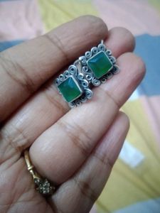 92.5 Silver Green Stone Earrings