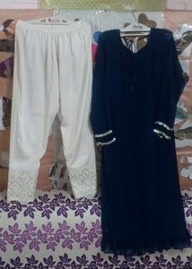 Elegant Navy &amp; Of White Embroidered Pant Suit