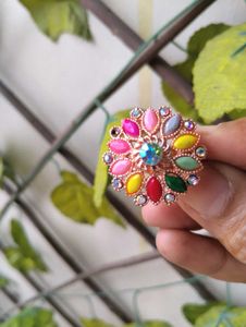 Multicolor Jhumki With Matching Finger Ring