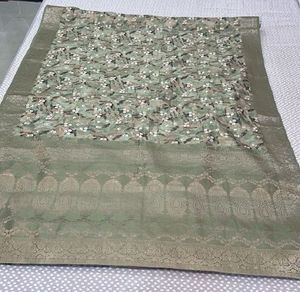 Sage Green Floral Banarasi Saree with Blouse- New