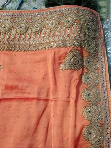 Peach Saree with Gold & Blue Embroidery