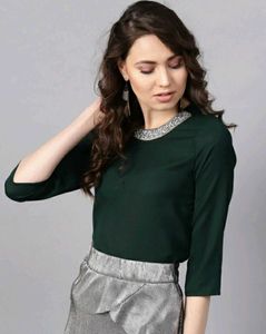 Green Embellished Neck Top New