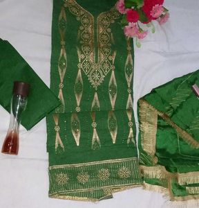Green Embroidered Kurta Set unstitched