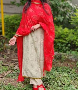 Beige And Red Kurta Set
