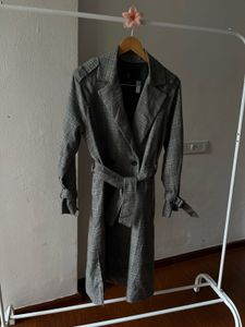 Plaid Grey Check Double Breasted Trench Coat
