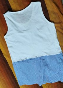Canmart Women White Blue Striped Cotton Tank Top