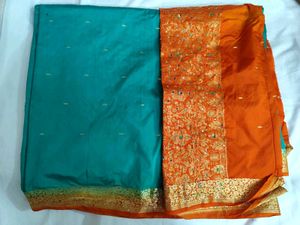Silk Blend Saree - Teal & Orange
