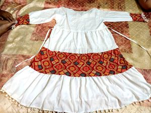 Fusion White Cotton Kurti Dress with Ethnic Red
