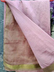 Pink Cotton Saree with Gold Border
