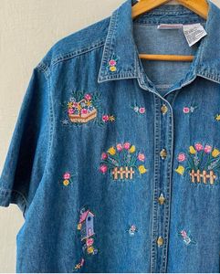 Flower Embroidered Denim Shirt (Vintage)