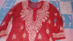 Red Mirror Work Chikankari Embroidered Kurti