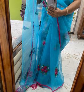 Blue Organza Saree with Floral Embroidery