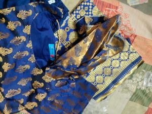 Blue &amp; Gold Embroidered Kurti Set