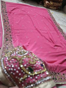 Pink heavy work saree with blouse