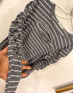 Striped Cutout Rouched Sleeve Top