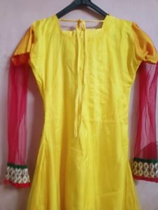 Yellow Net Frock With Churidar Pajama and dupatta