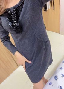 Gray Dress with Beaded Neckline - Size M