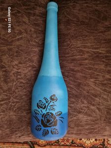 Bottle Painted In Ombre Blue Shades & Rose Motif