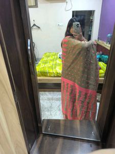 Khaki and pink saree